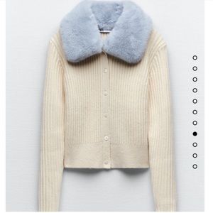 NWT Zara cropped ribbed sweater cardigan with light blue fur collar
